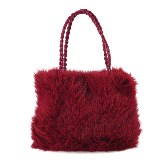 La Marey Red Solid Fur Tote Bag with Woven Handle (15"x12.6"x2")