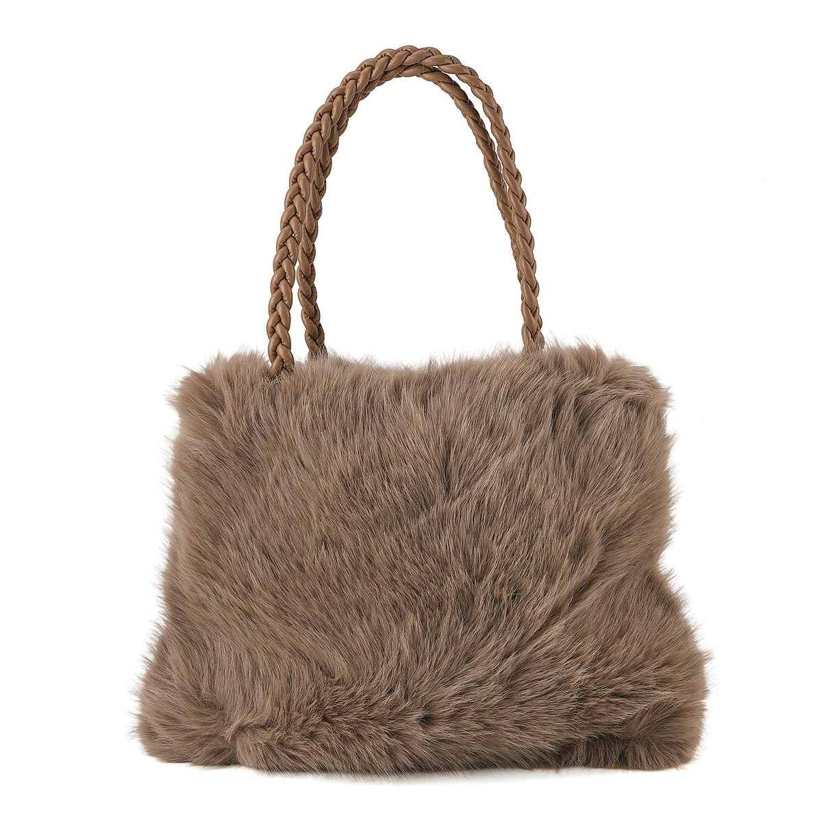 La Marey Red Solid Fur Tote Bag with Woven Handle (15"x12.6"x2")