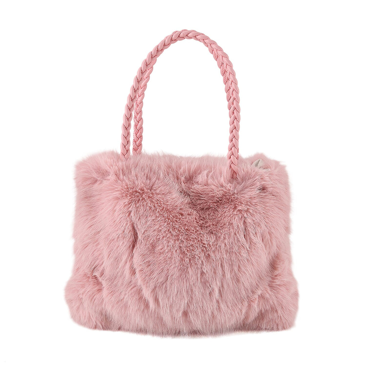 La Marey Red Solid Fur Tote Bag with Woven Handle (15"x12.6"x2")