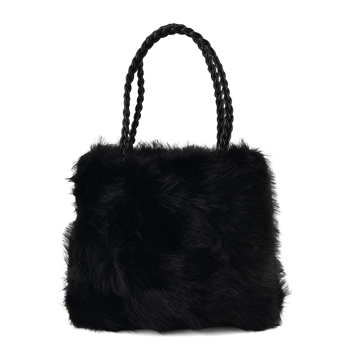 La Marey Red Solid Fur Tote Bag with Woven Handle (15"x12.6"x2")