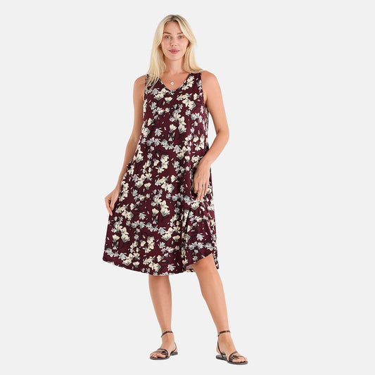 La Marey Burgundy Floral Print Knit House Dress with Pockets - One Size Fits Most