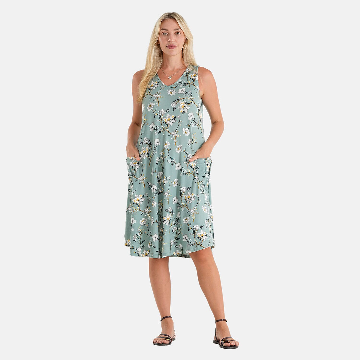 La Marey Burgundy Floral Print Knit House Dress with Pockets - One Size Fits Most