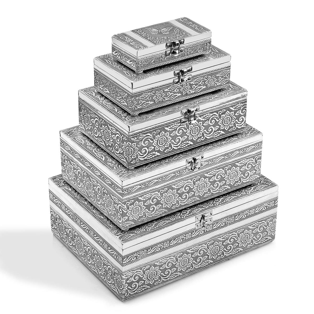 Livmore Set of 5 Handcrafted Floral Aluminum Oxidized Nested Box (9.5"x6.75"x3.5" - 5"x2.5"x1.25") - Gold