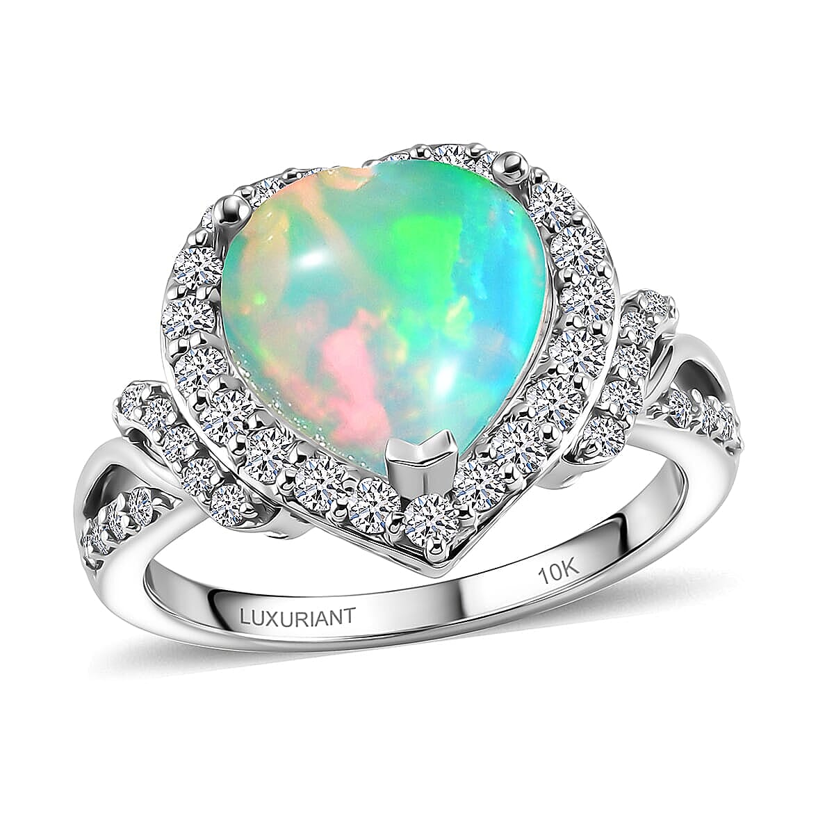 Certified & Appraised 10K White Gold AAA Ethiopian Welo Opal, Luxuriant Lab Grown Diamond (G-H, SI) (0.60 cts) Ring Size 10 3.10 ctw..