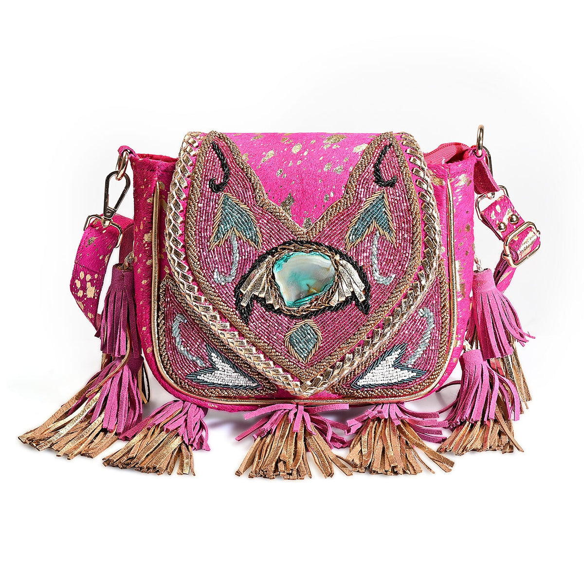 La Marey Camel Embroidery Beads Work 100% Genuine Leather Hair On Sling Bag
