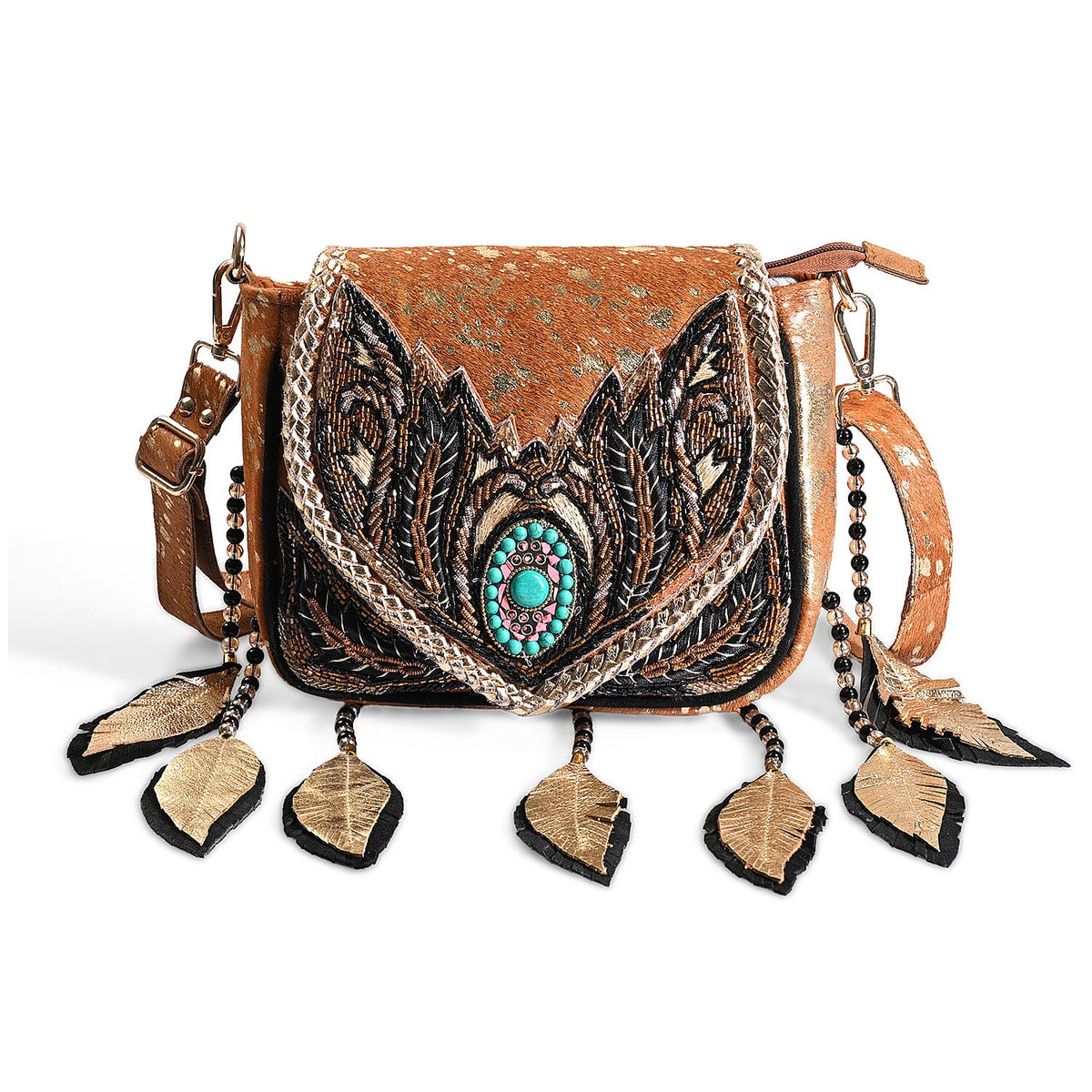 La Marey Camel Embroidery Beads Work 100% Genuine Leather Hair On Sling Bag