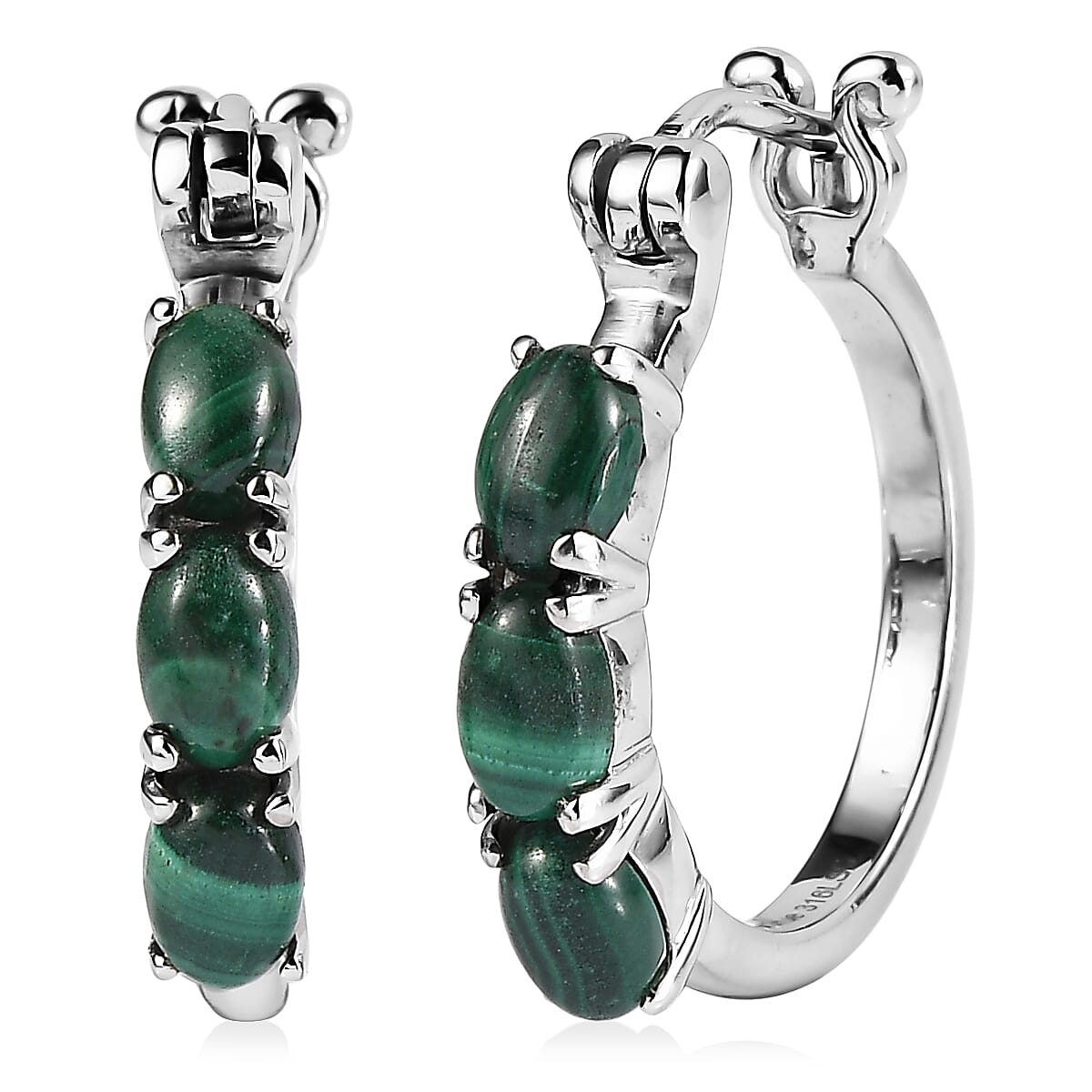 EverTrue African Malachite Hoop Earrings in Stainless Steel 4.00 ctw