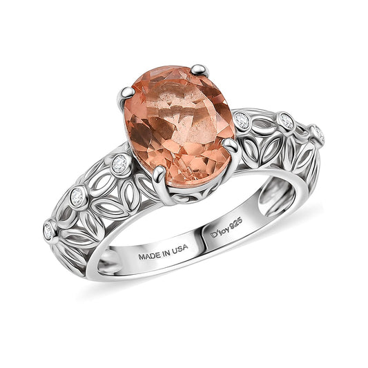 D'Joy Watermelon Quartz, White Zircon Ring in Rhodium Over Sterling Silver (Size 6.0) 3.00 ctw