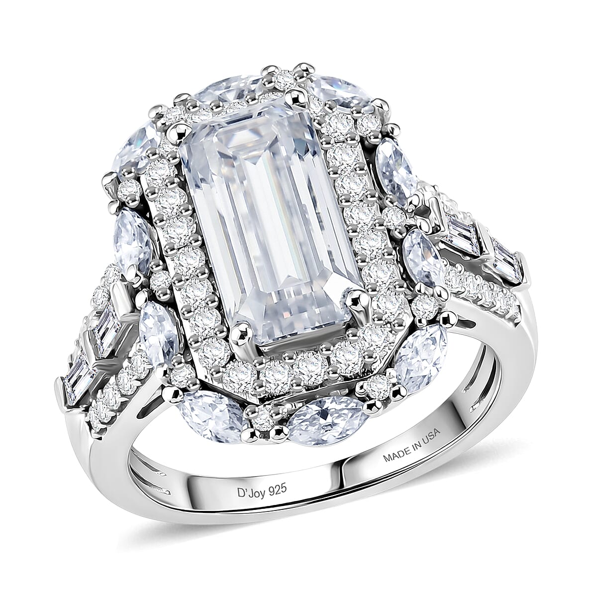 TLV D'Joy Moissanite (Cush 12x6mm) Ring in Rhodium Over Sterling Silver (Size 10.0) 4.20 ctw