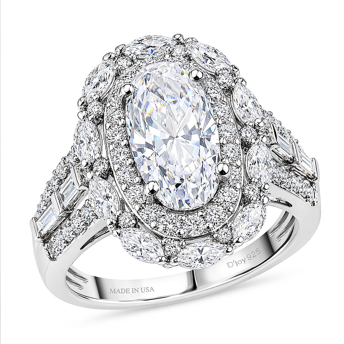 TLV D'Joy Moissanite (Cush 12x6mm) Ring in Rhodium Over Sterling Silver (Size 10.0) 4.20 ctw