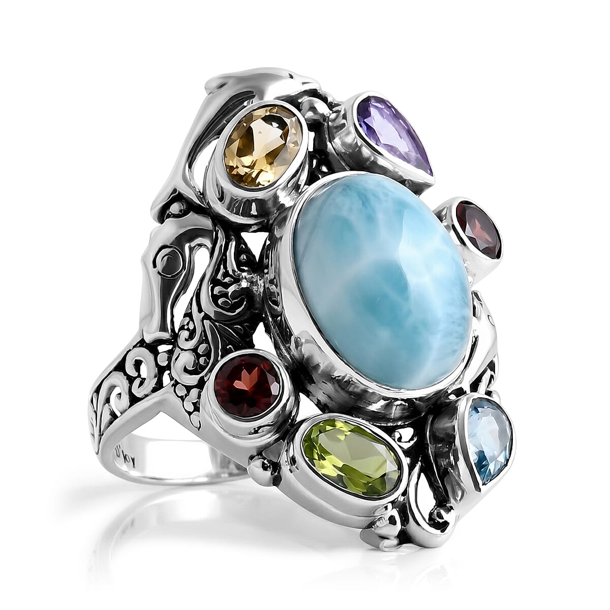 D''Joy Bali Legacy Premium Larimar, Multi Gemstone Ring in Sterling Silver (Size 11) 10.10 ctw