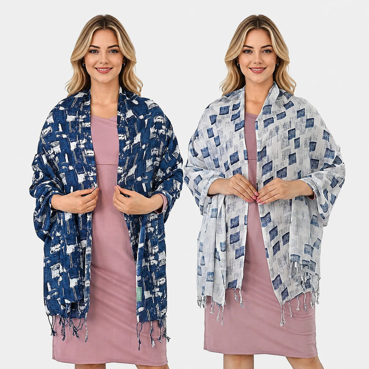 La Marey Indigo Stripe and Diamond Pattern Set of 2 Scarf