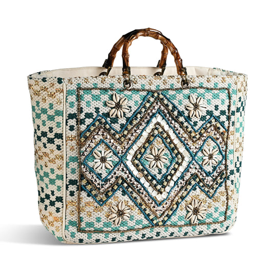 La Marey Blue Cotton Hand Embroidered Beaded Diamond Pattern Tote bag with Bamboo Handle
