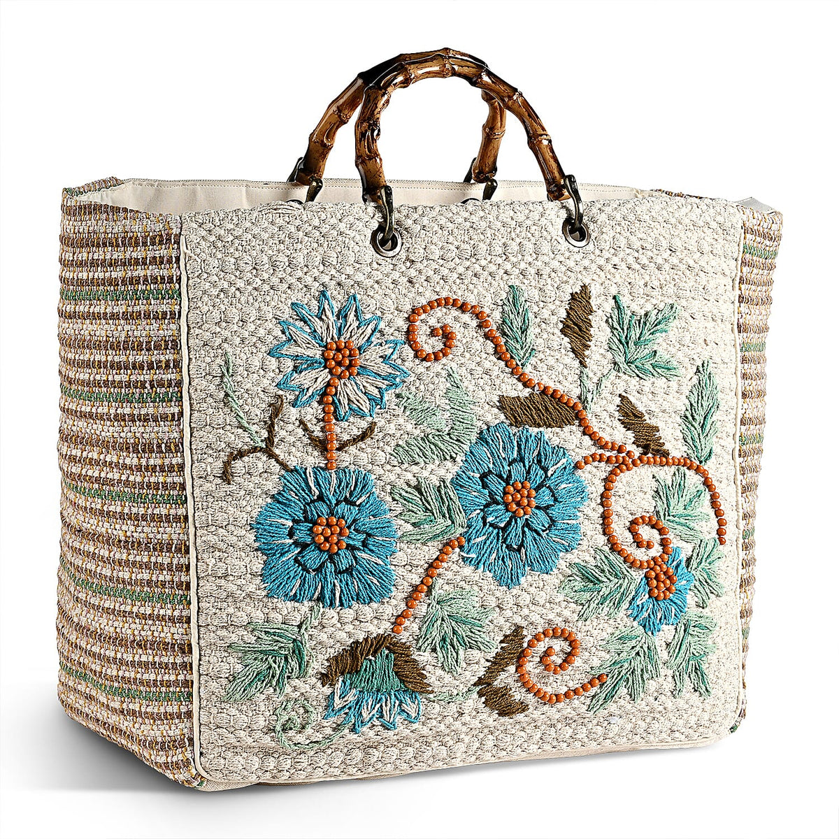 La Marey Blue Cotton Hand Embroidered Beaded Diamond Pattern Tote bag with Bamboo Handle