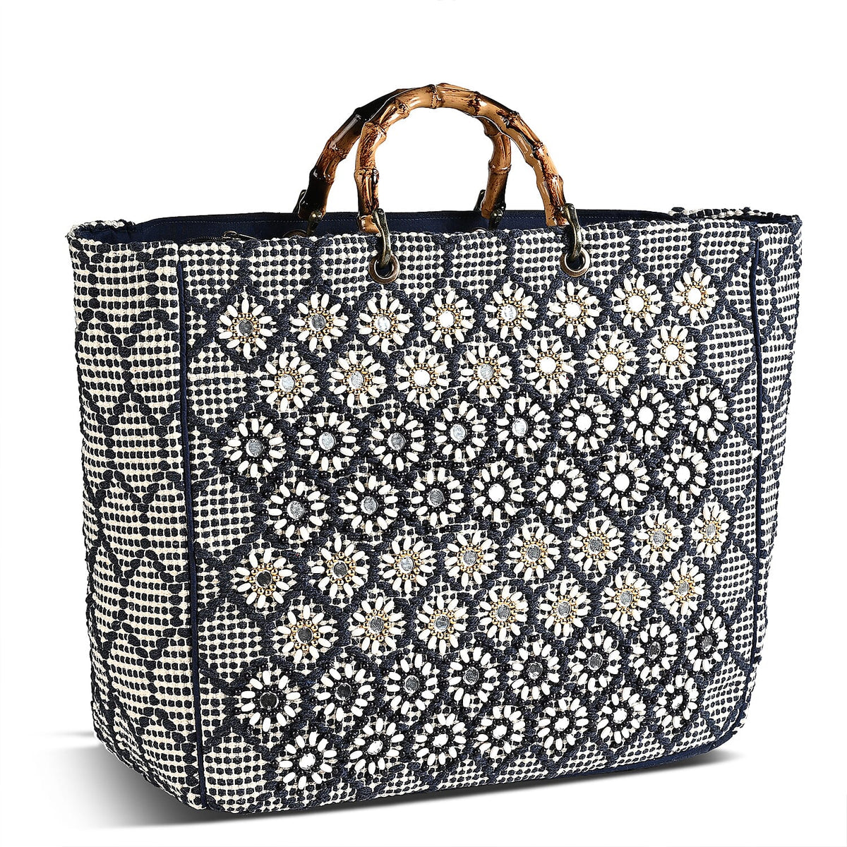 La Marey Blue Cotton Hand Embroidered Beaded Diamond Pattern Tote bag with Bamboo Handle