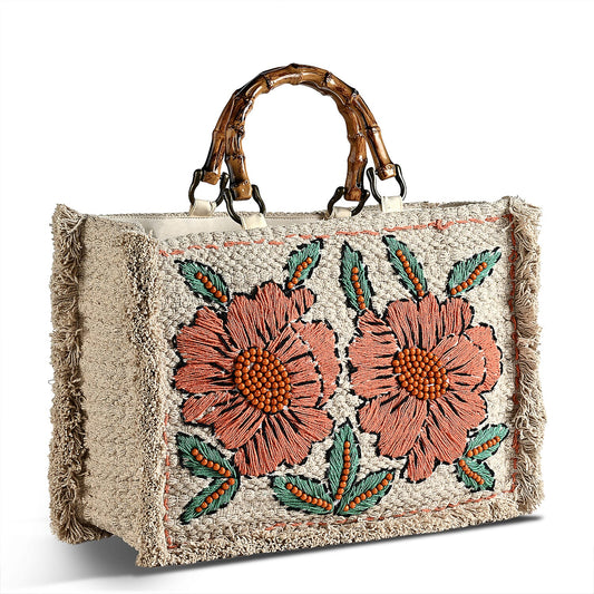 La Marey Beige Cotton Hand Embroidered Daisy Pattern Tote bag with Fringes
