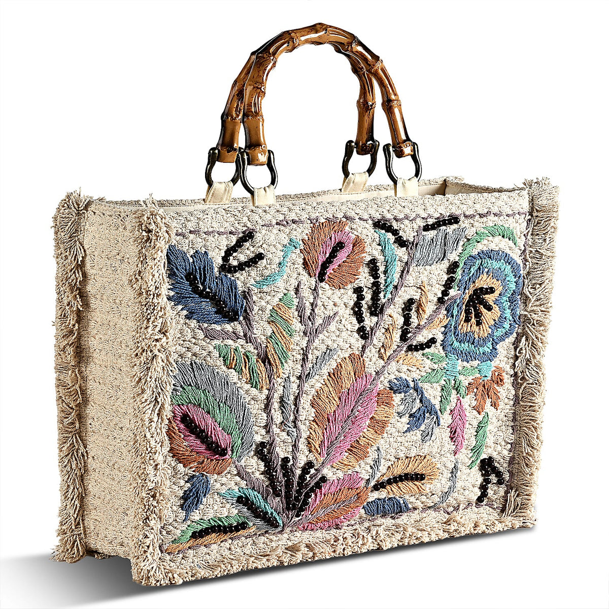 La Marey Beige Cotton Hand Embroidered Daisy Pattern Tote bag with Fringes