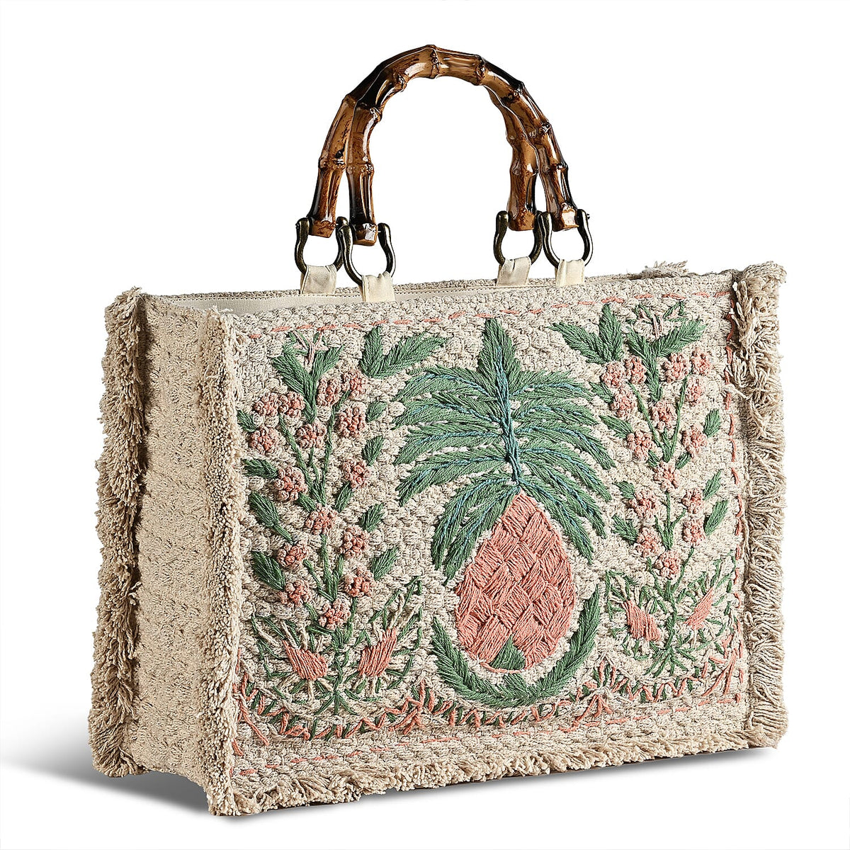 La Marey Beige Cotton Hand Embroidered Daisy Pattern Tote bag with Fringes