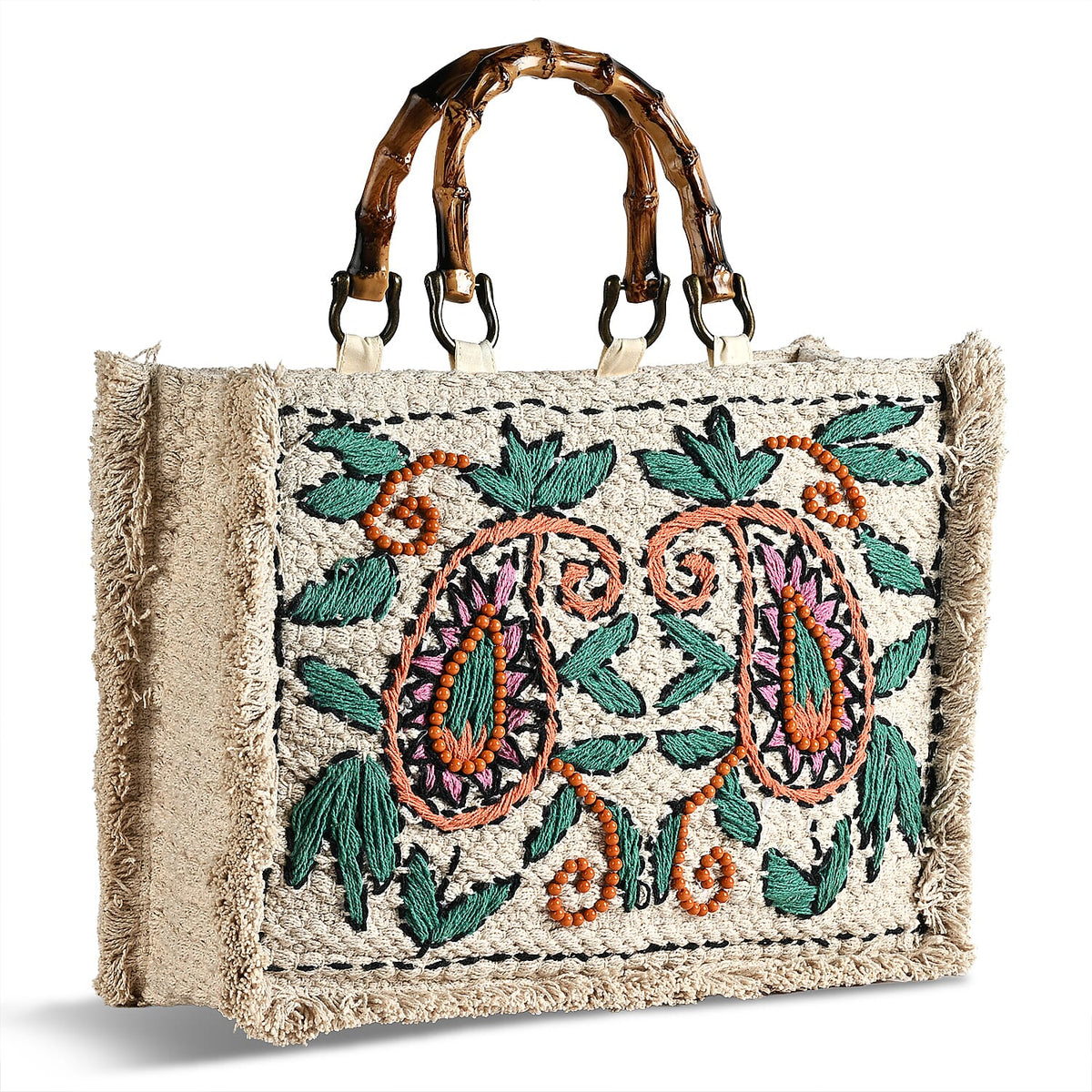 La Marey Beige Cotton Hand Embroidered Daisy Pattern Tote bag with Fringes