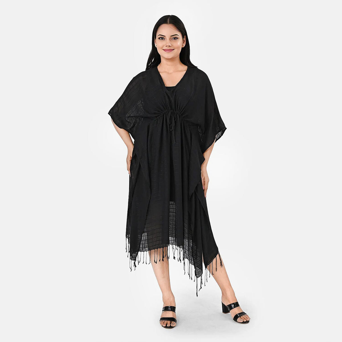 TLV La Marey Black Short Kaftan with Drawstring - One Size Fits Most