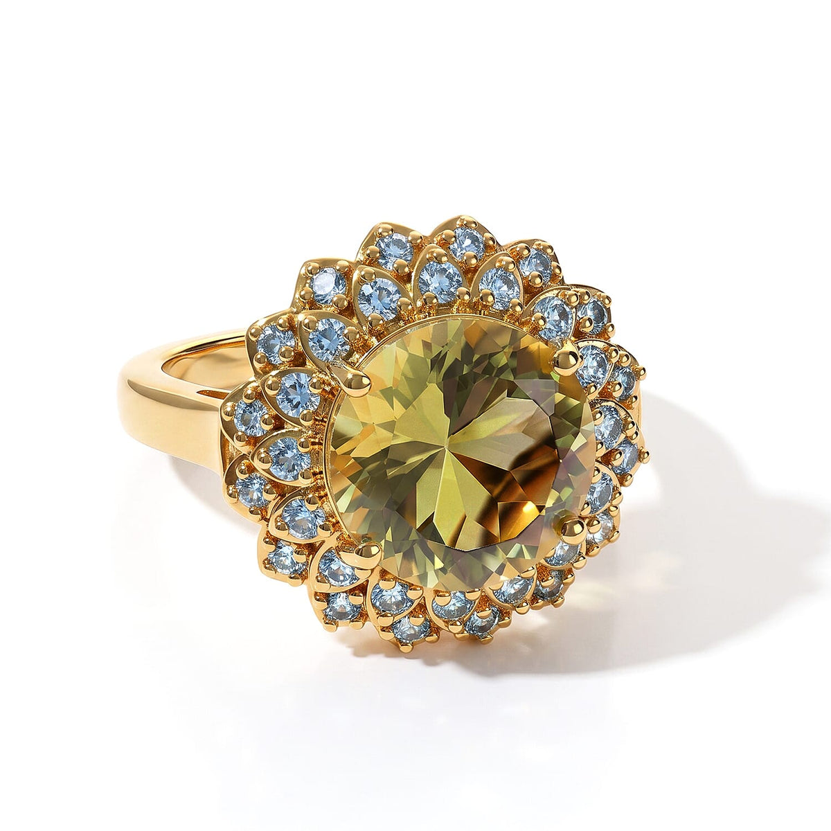 EverTrue Green Gold Quartz, Signity Pariaba and Ice Blue Topaz Ring 18K YG Plated (Size 10.0) 4.80 ctw