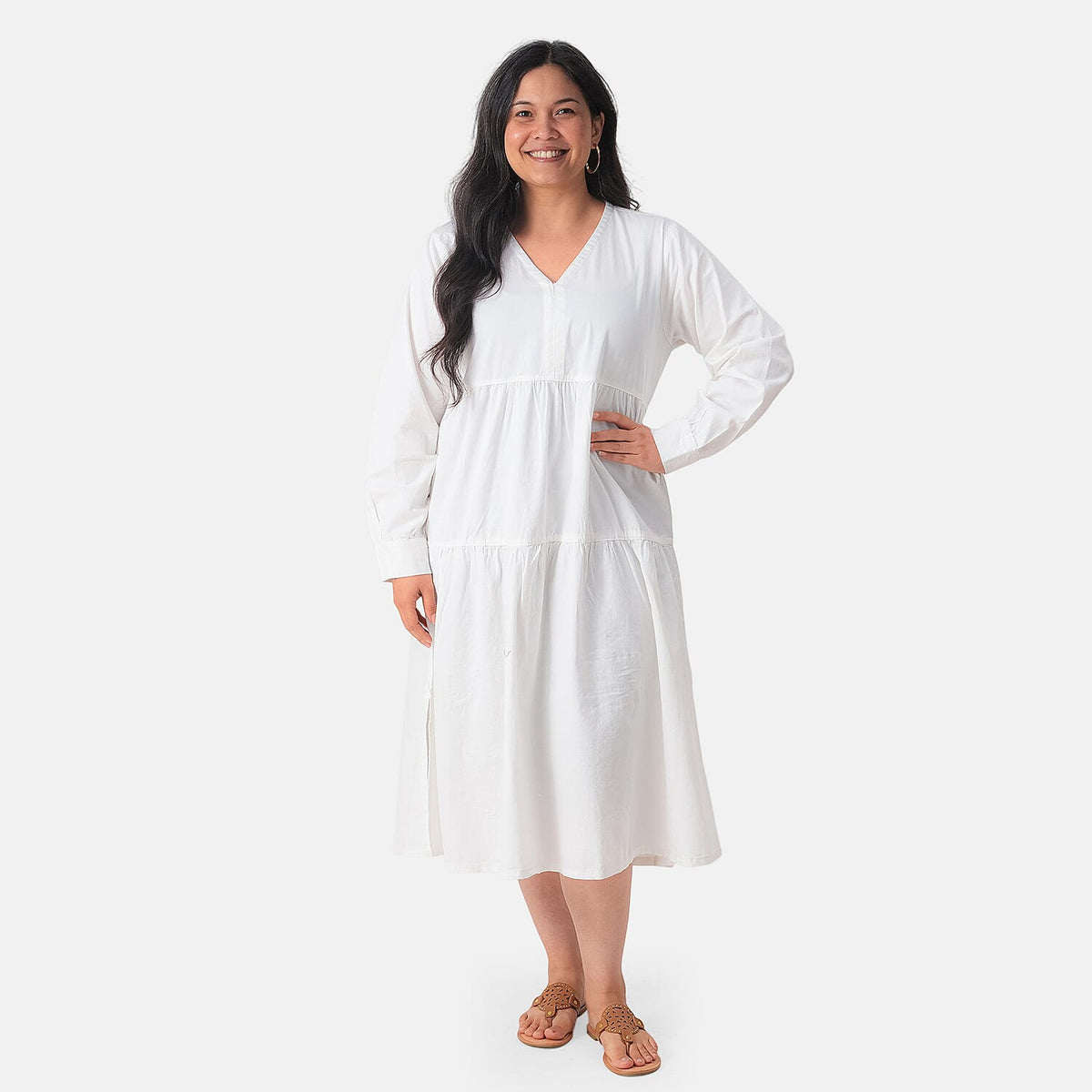 La Marey White Cotton Denim Flattering Dress - One Size Plus