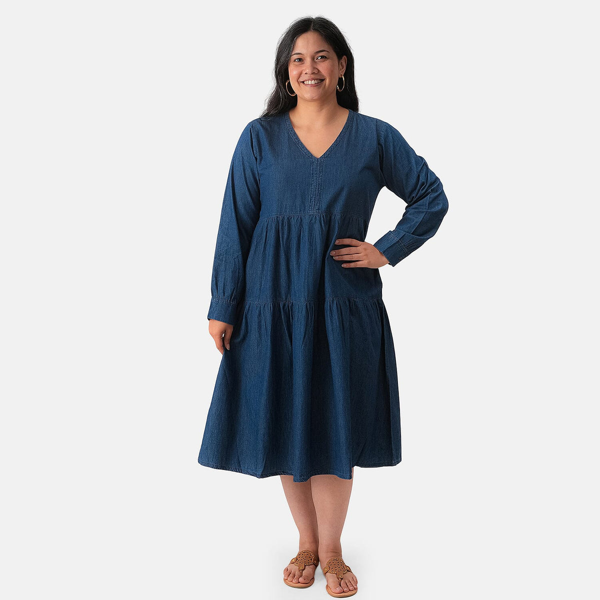 La Marey White Cotton Denim Flattering Dress - One Size Plus