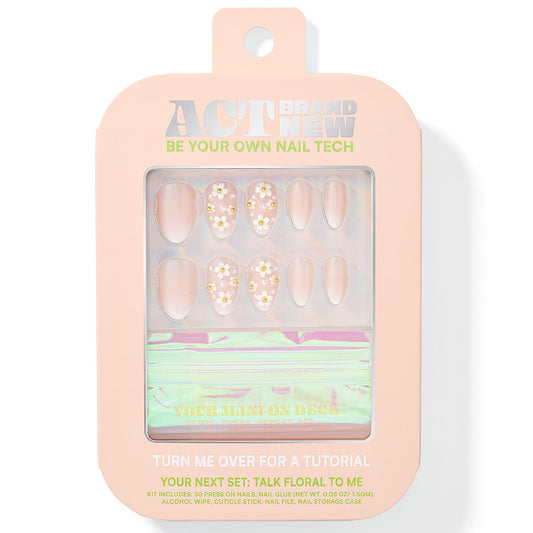 Act Brand New Press On Nail Kit- Talk Floral To Me (Nude with Daisys & Pearls)