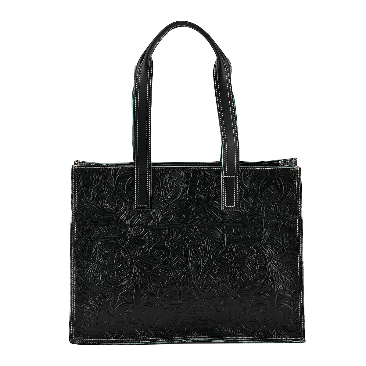 La Marey Green Embossed Pattern Genuine Leather Tote Bag with Long Strap