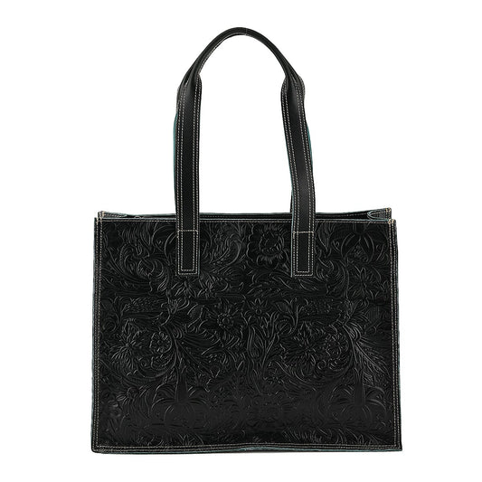 La Marey Green Embossed Pattern Genuine Leather Tote Bag with Long Strap