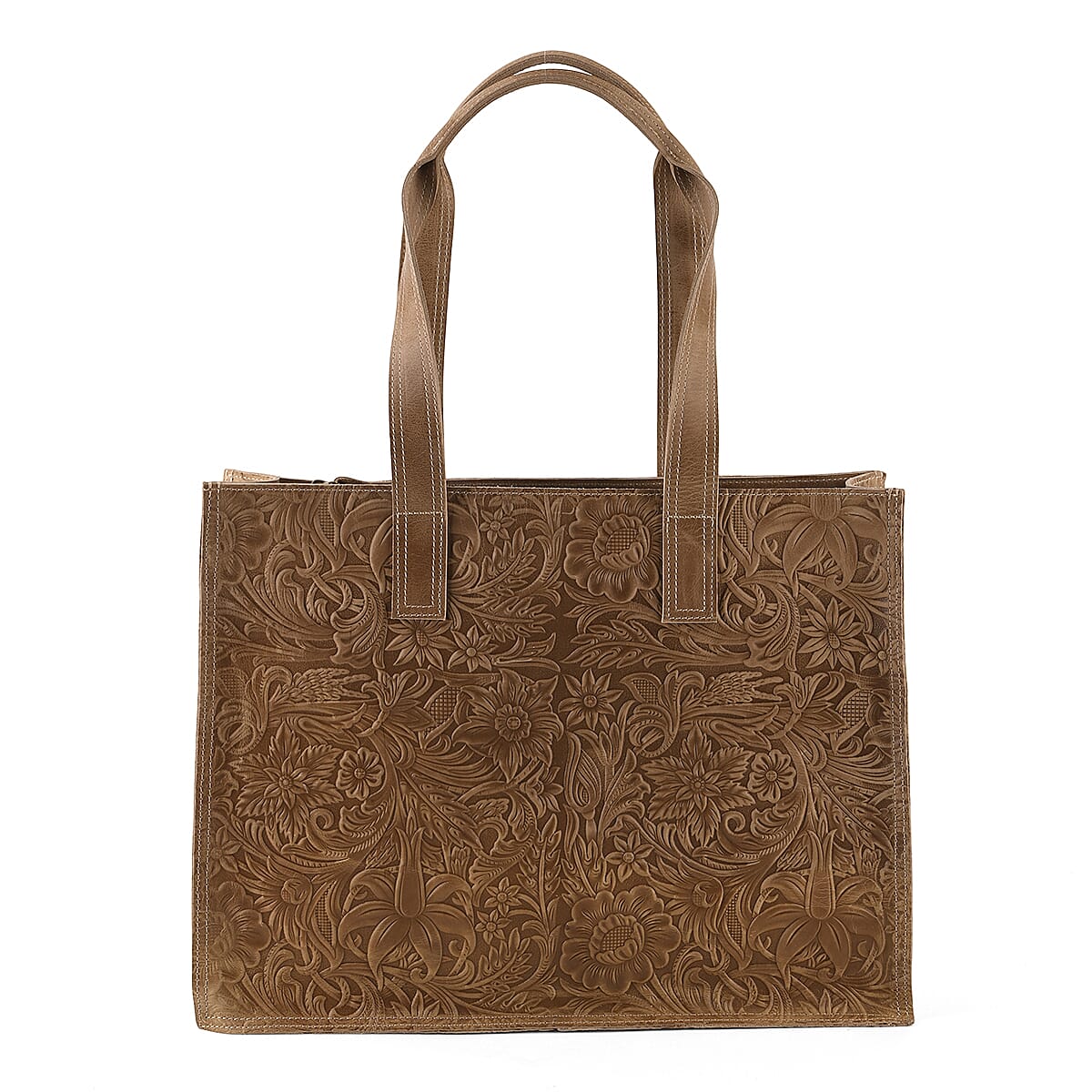 La Marey Green Embossed Pattern Genuine Leather Tote Bag with Long Strap