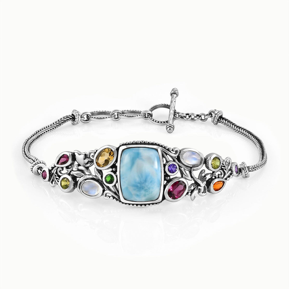 D''Joy Artisan Crafted Premium Larimar and Multi Gemstone 18.70 ctw Bracelet in Sterling Silver (7.25 In)