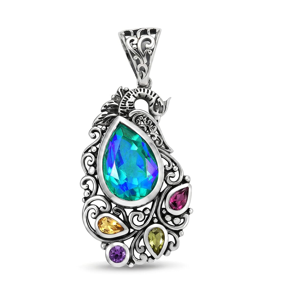 D''Joy Indian Artisan Crafted Premium Peacock Quartz (Triplet) and Multi Gemstone 4.70 ctw Pendant without Chain in Sterling Silver