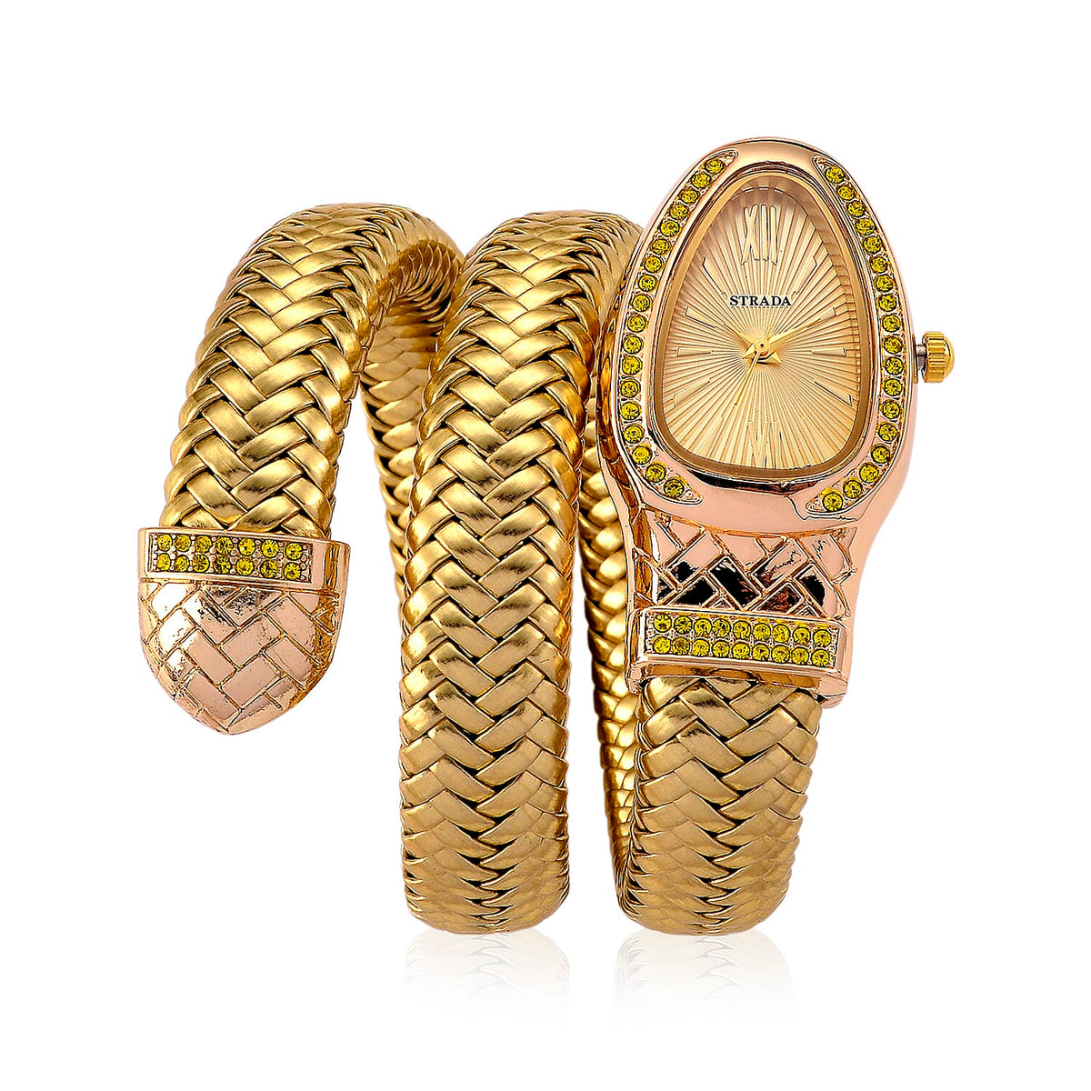 Strada Black Austrian Crystal Japanese Movement Watch in Rose Faux Leather Braided StrapSTG  : Alloy  : Ladies Watc