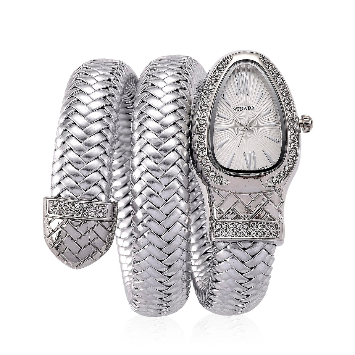 Strada Black Austrian Crystal Japanese Movement Watch in Rose Faux Leather Braided StrapSTG  : Alloy  : Ladies Watc