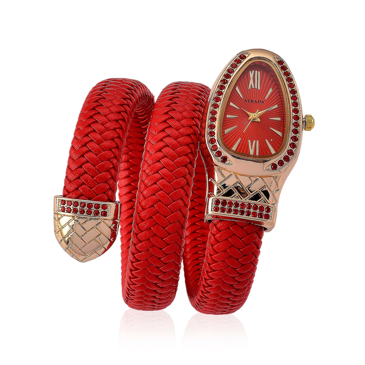 Strada Black Austrian Crystal Japanese Movement Watch in Rose Faux Leather Braided StrapSTG  : Alloy  : Ladies Watc