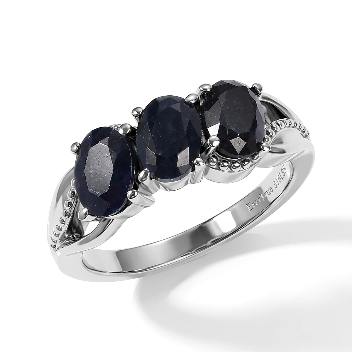 EverTrue Midnight Sapphire 3 Stone Ring in Stainless Steel (Size 6.0) 2.30 ctw