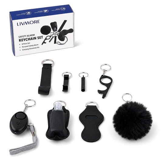 Livmore Black Set of 8 Safety Alarm Keychain For Women