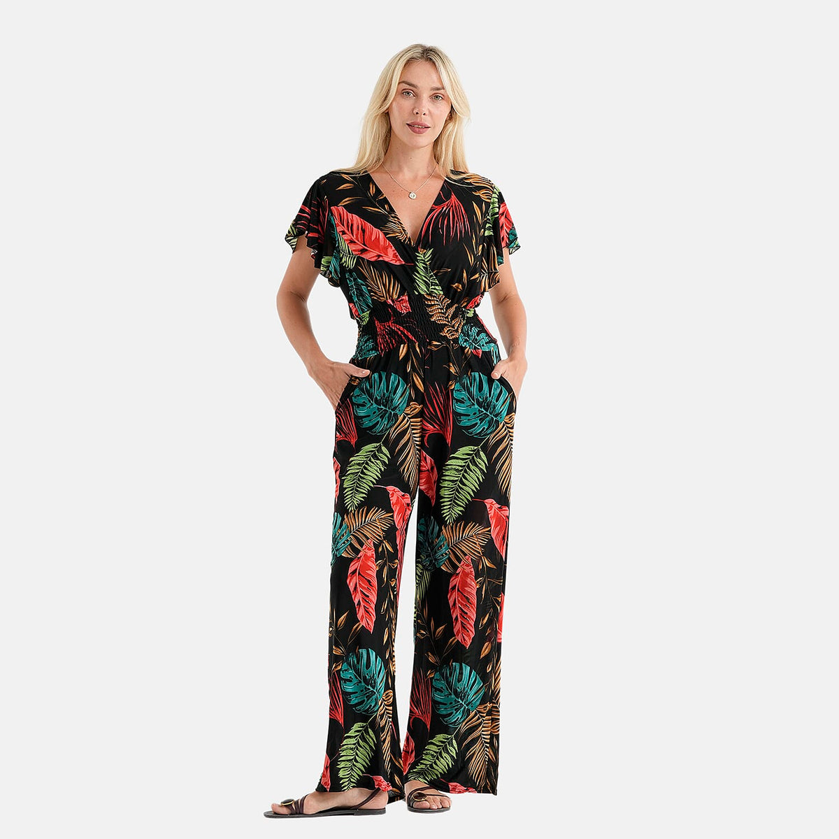 La Marey Black & White Smocked Waist Jumpsuit with Flutter Sleeve - One Size Fits Most