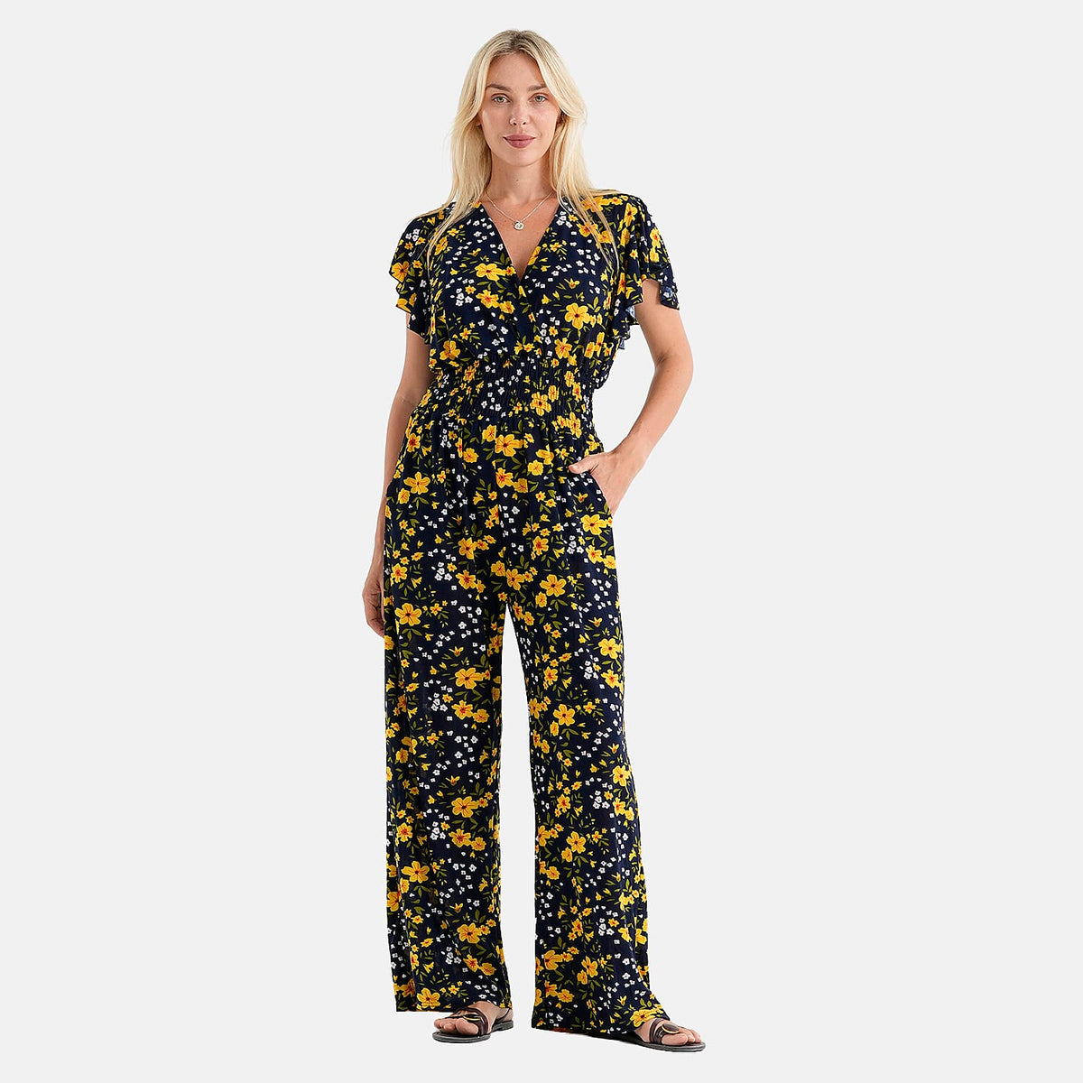 La Marey Black & White Smocked Waist Jumpsuit with Flutter Sleeve - One Size Fits Most