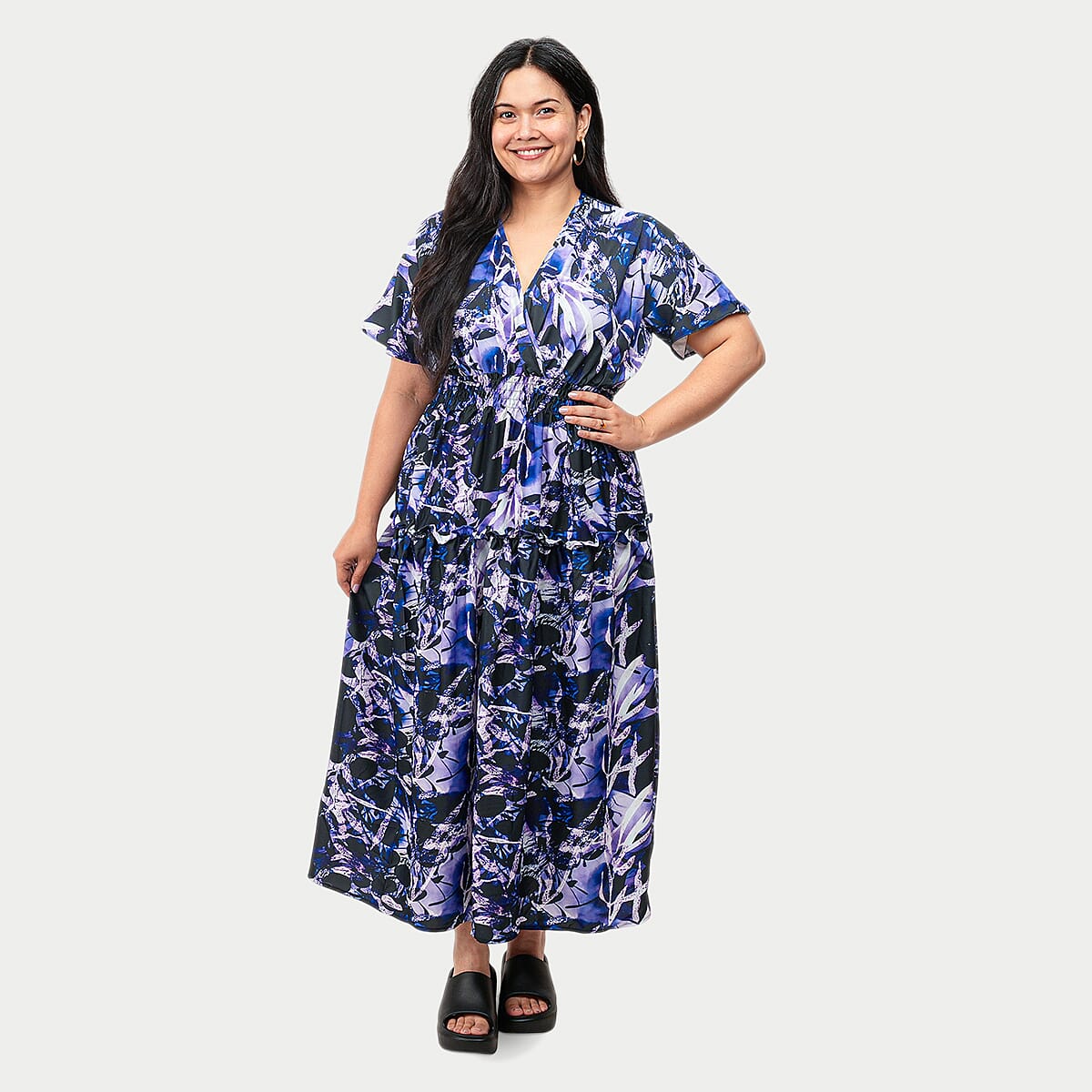 LA MAREY - FLORAL SMOCKED WAIST DRESS -OS MISSY-MULTI PURPLE .