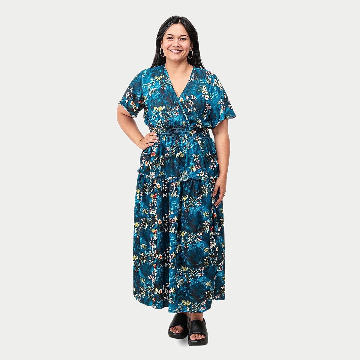 LA MAREY - FLORAL SMOCKED WAIST DRESS -OS MISSY-MULTI PURPLE .