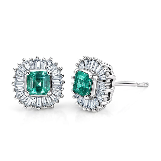 AAA Kagem Zambian Emerald, Luxuriant Lab Grown Diamond (G-H, SI) (0.50 cts) Earrings in Rhodium Over Sterling Silver 1.25 ctw