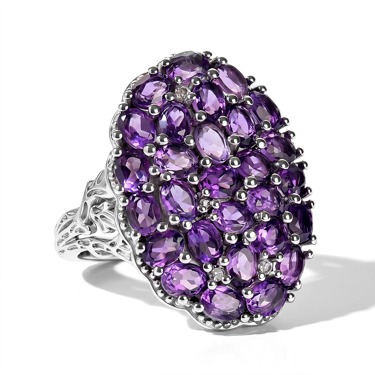 EverTrue African Amethyst, White Zircon Mosaic Bloom Ring in Platinum Bond (Size 10.0) 4.65 ctw