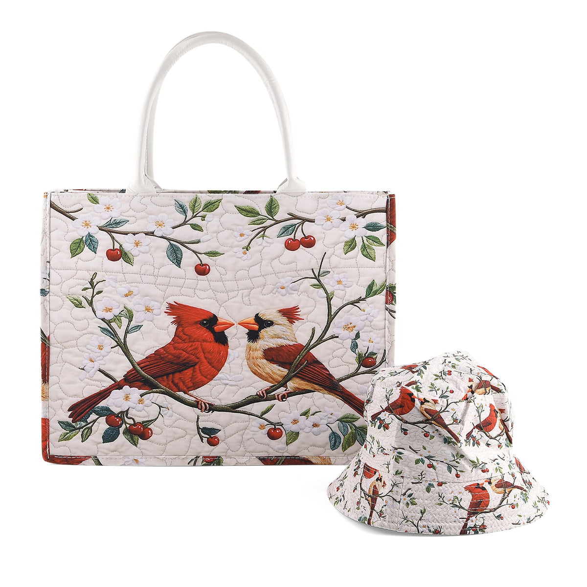La Marey Yellow Floral and Cat Print Set of Bag (16.9"x12.9"x5.5") and Bucket Hat (22.8")