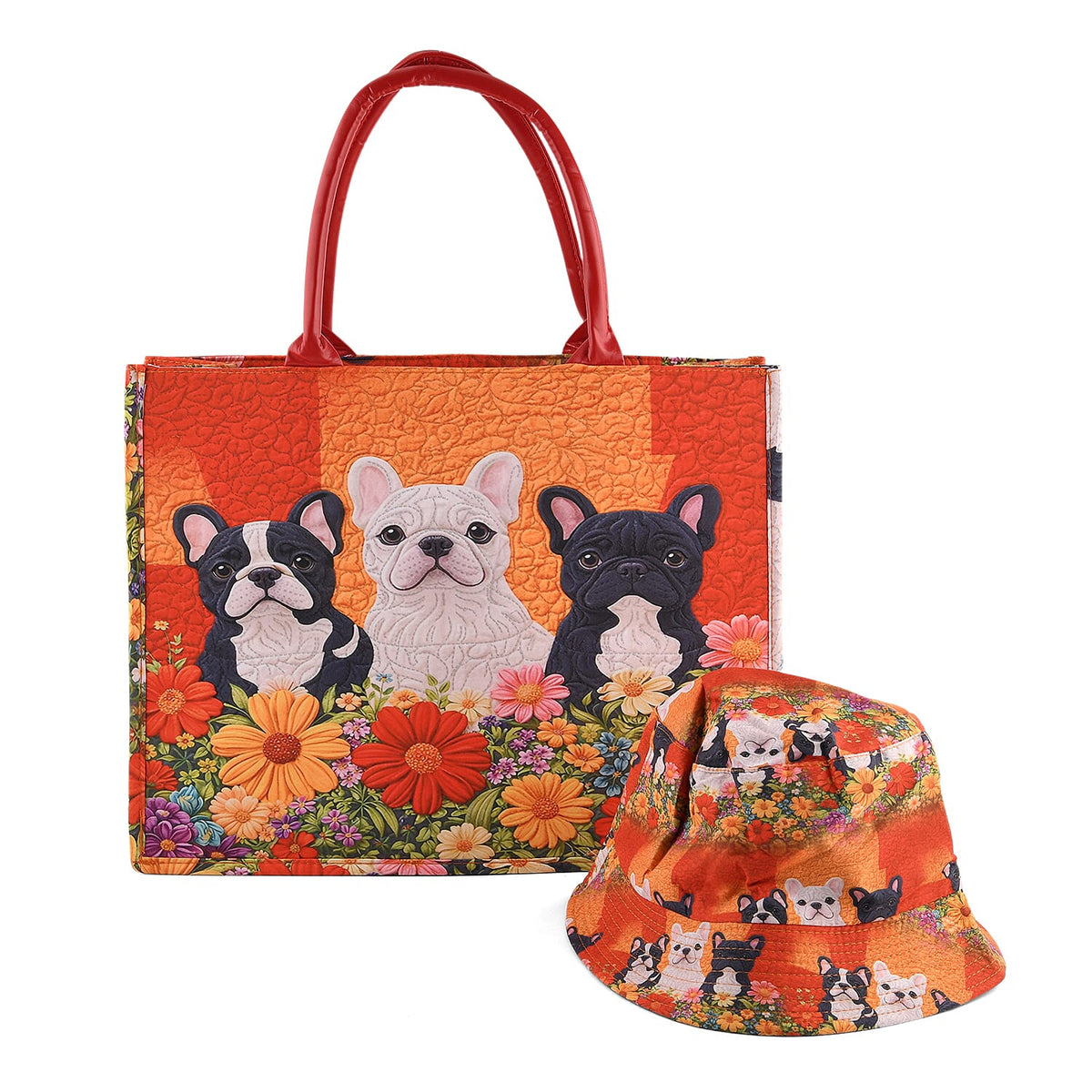 La Marey Yellow Floral and Cat Print Set of Bag (16.9"x12.9"x5.5") and Bucket Hat (22.8")