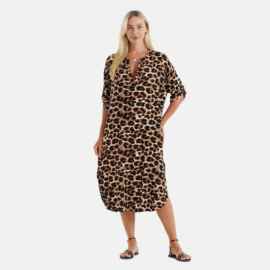 La Marey Brown Leopard Print V-Neck Short Sleeved Long Dress- One Size Missy