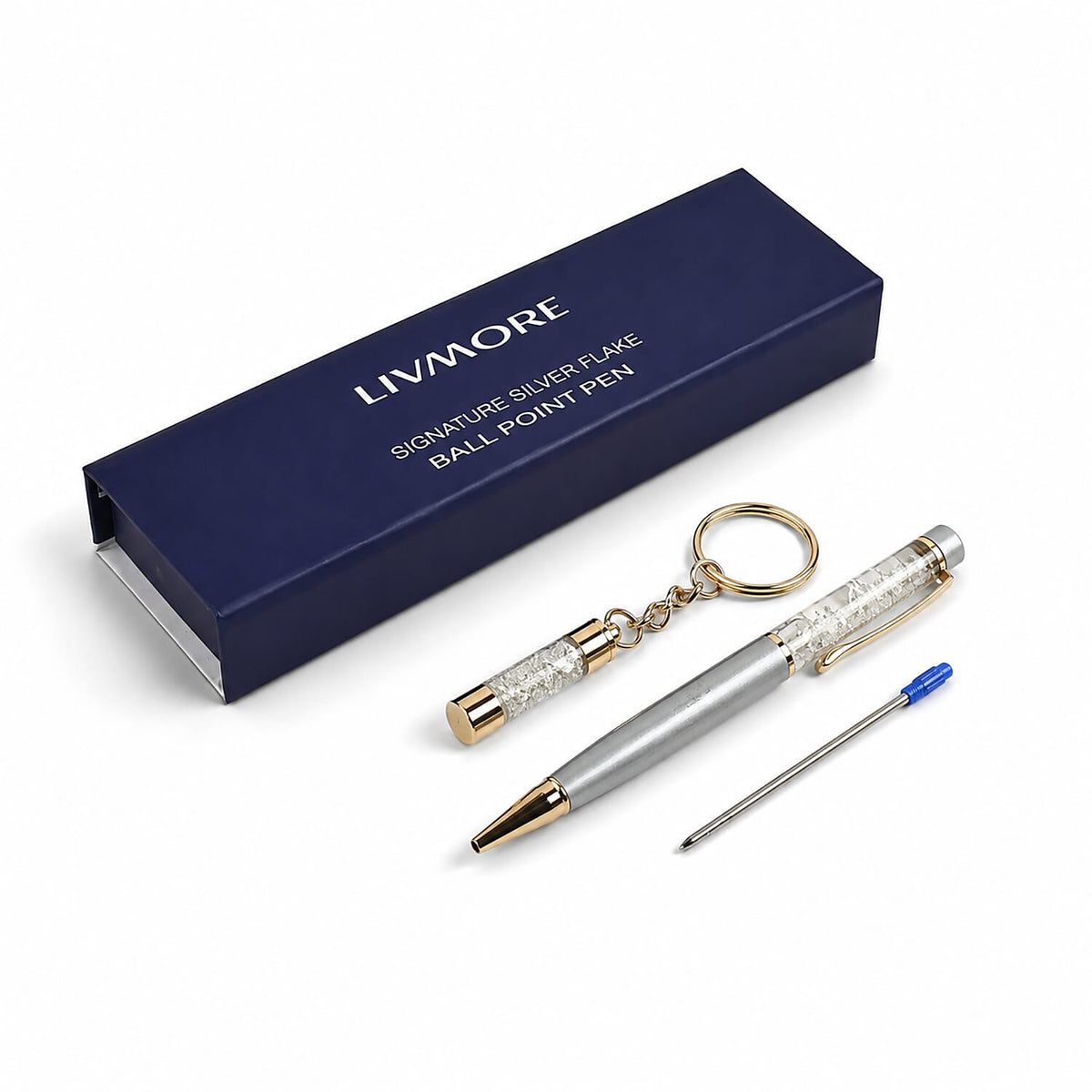 Livmore Silver Flake Ball Point Pen with Keychain and Extra Refill