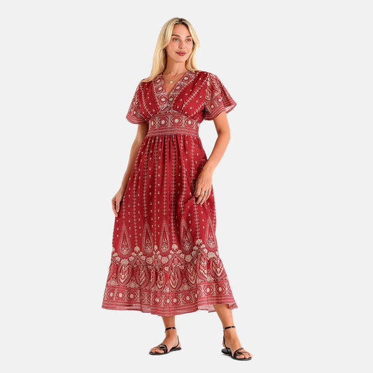 La Marey Red with Beige Print Back Smocking Woven Dress -One Size Missy