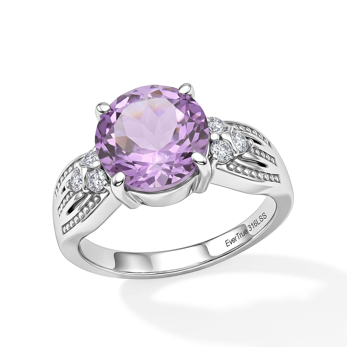 EverTrue Rose De France Amethyst and Simulated Diamond 4.00 ctw Ring in Stainless Steel (Size 10.0)